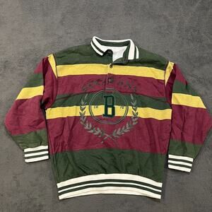 BDG Maroon Green Striped Button placket Long Sleeve Rugby Polo Sweater Mens Sz S